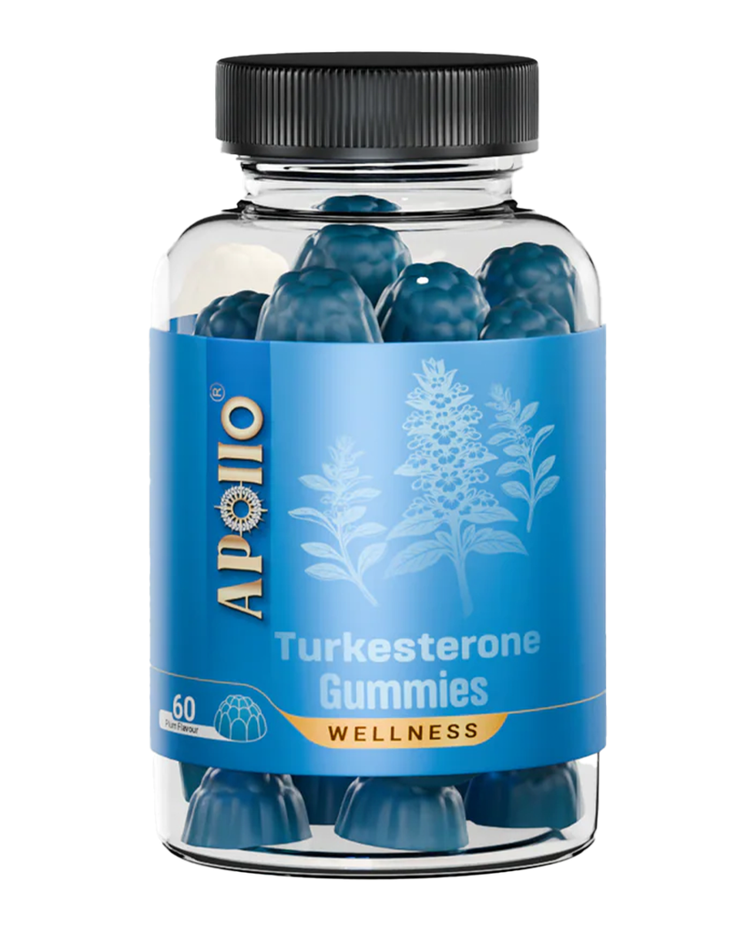 Plum-flavoured Turkesterone Gummies by Apollo, 60 pieces in transparent bottle with botanical blue label
