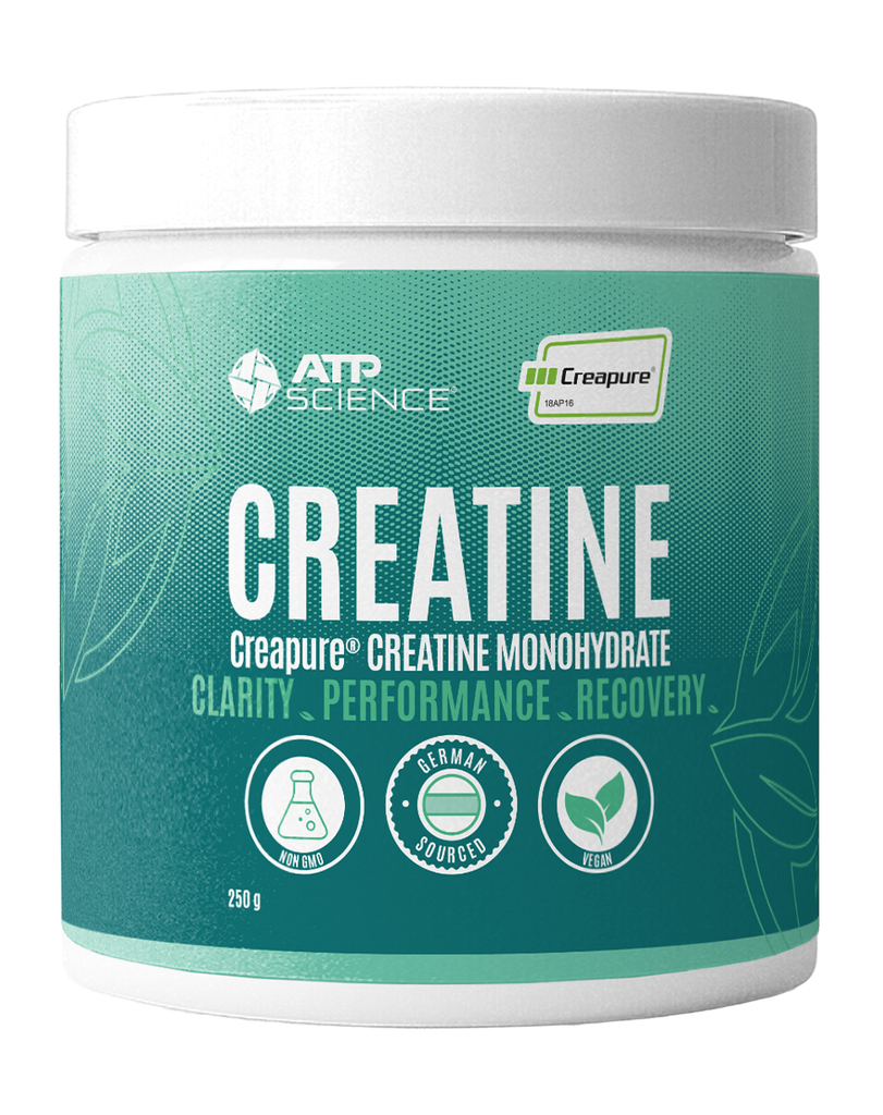 Creapure creatine monohydrate powder by ATP Science, 250g container with teal front label