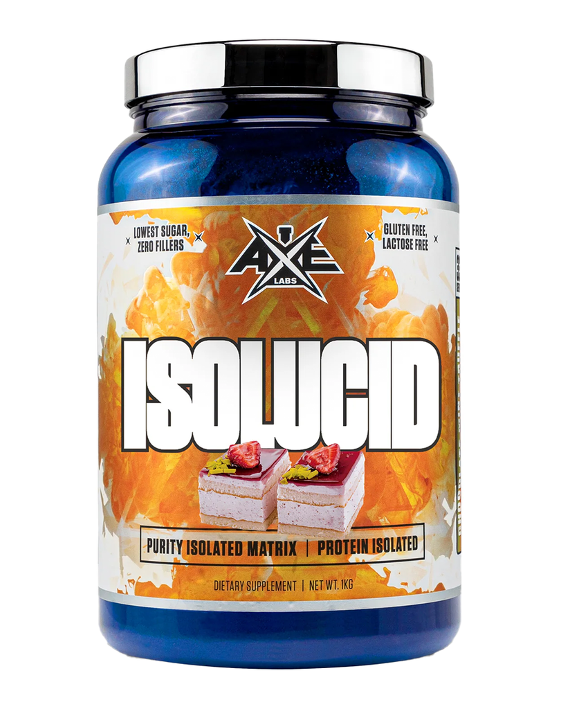 Axe Labs ISOWCID whey protein isolate powder in 1kg blue container with purity isolated matrix branding