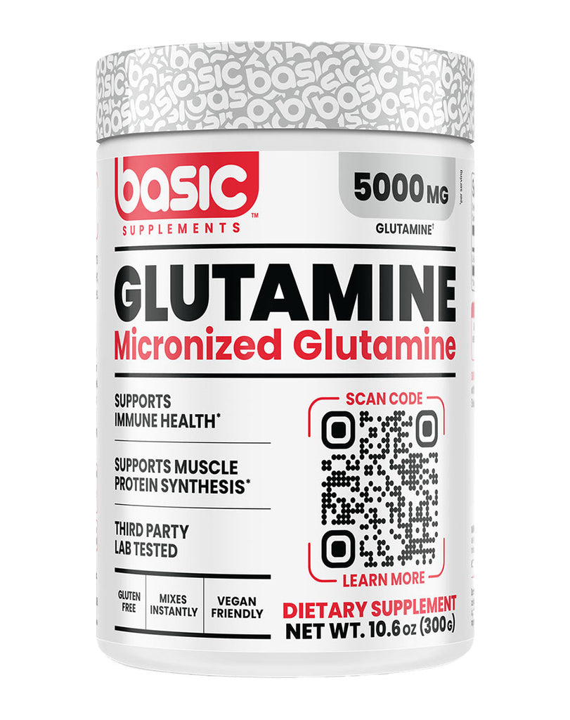 300g Basic Supplements glutamine powder, micronized for easy mixing, white container with red accents