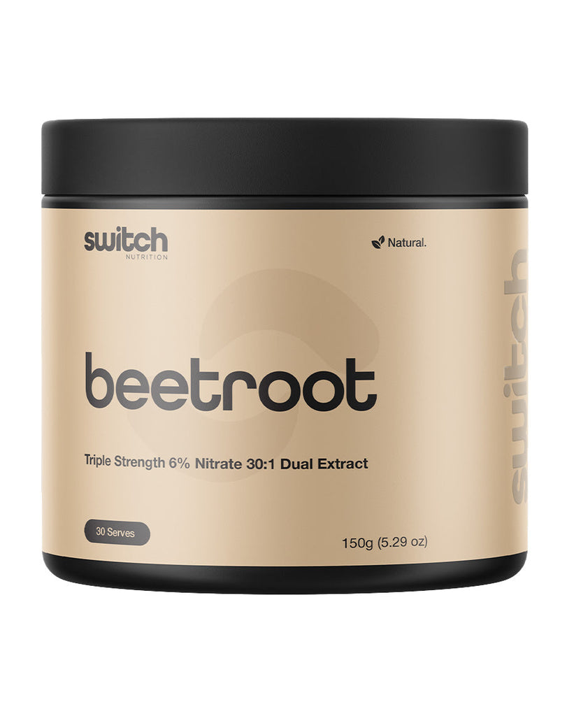 Switch Nutrition beetroot powder – 150g tan tub with black lid, triple strength 30:1 dual extract