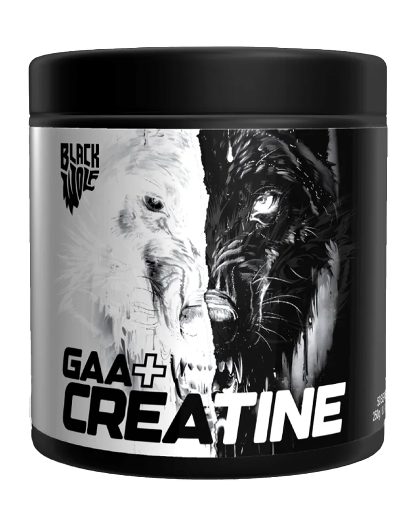 Black Wolf creatine monohydrate supplement in 250g container featuring bold monochrome animal label artwork