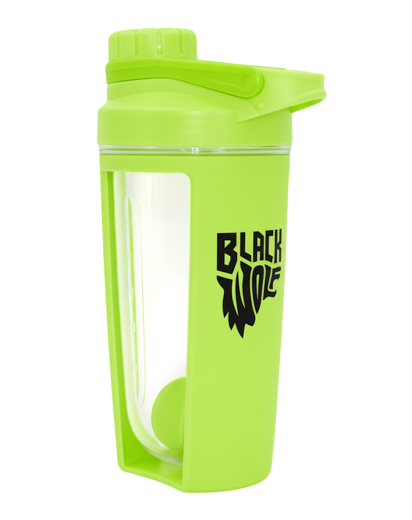 Bright green Black Wolf protein shaker cup featuring secure lid, spout opening and clear measurement window