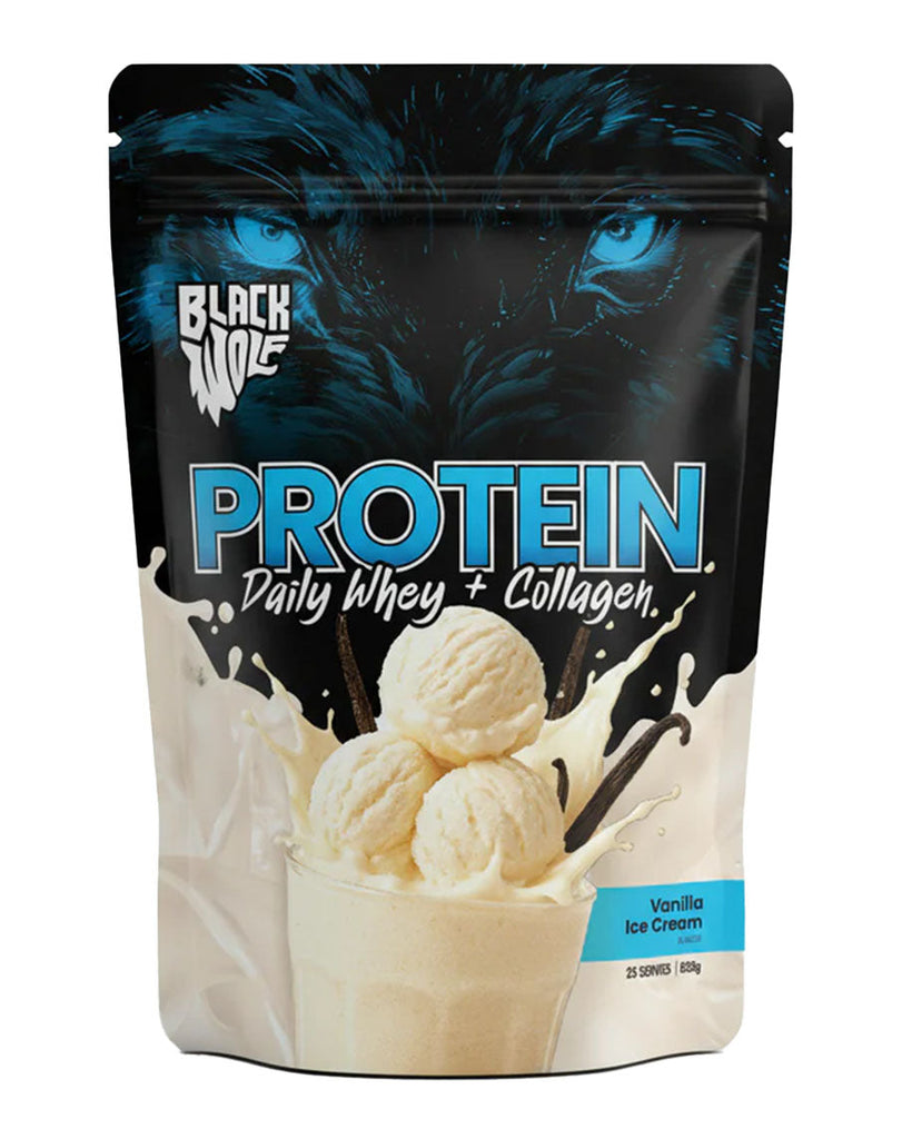 Daily whey and collagen protein by Black Wolf, vanilla ice cream flavour in black and cream 858g bag