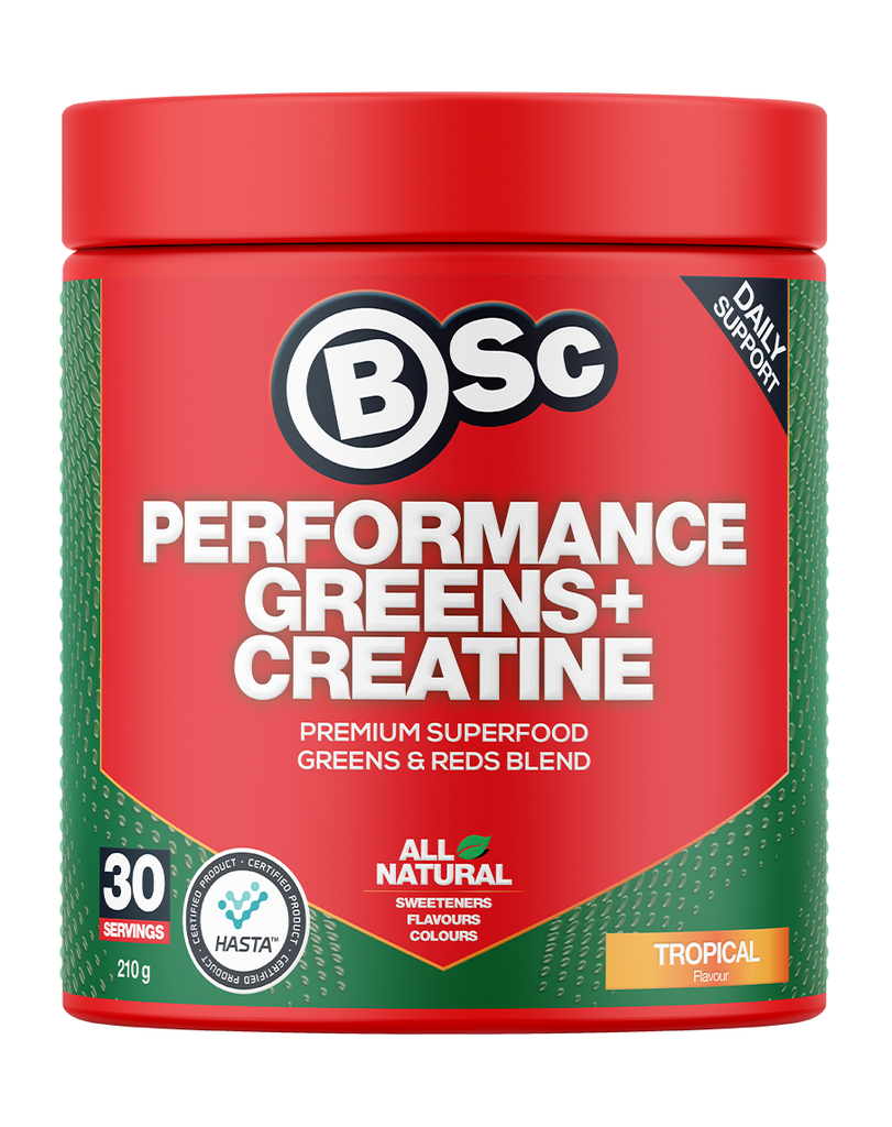 BSC Tropical Performance Greens and Creatine supplement, 210g container with daily support formula label