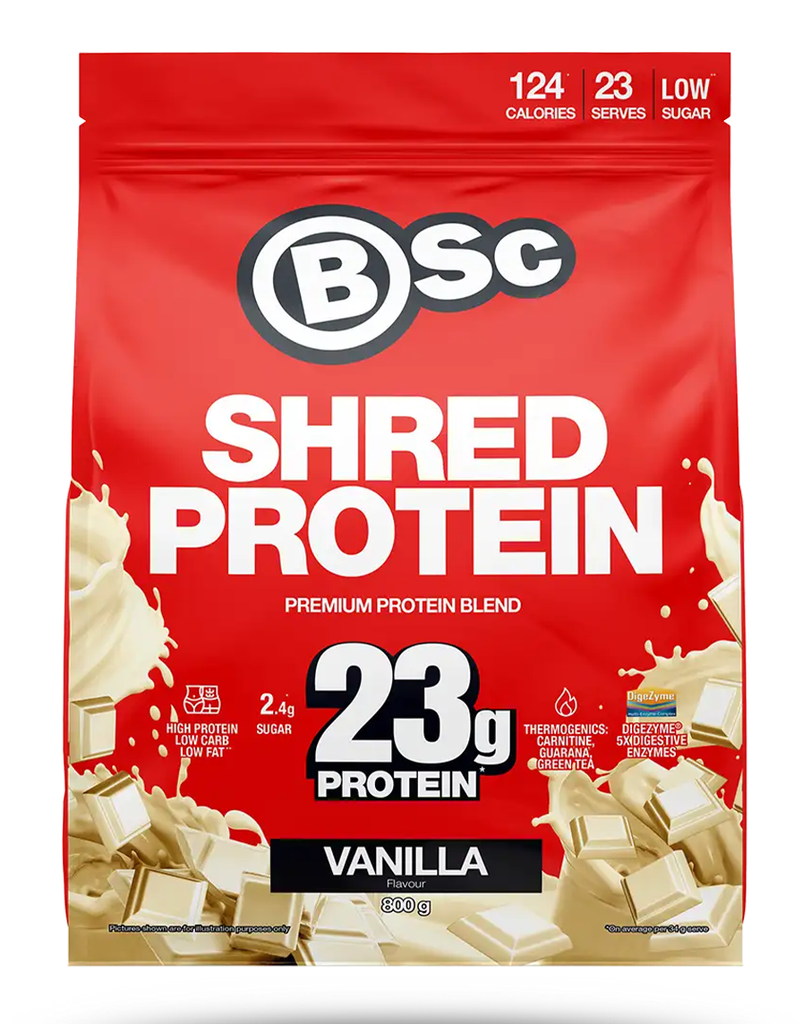 BSc Shred Protein vanilla supplement 800g pouch featuring red pack, thermogenic blend and white chocolate graphic