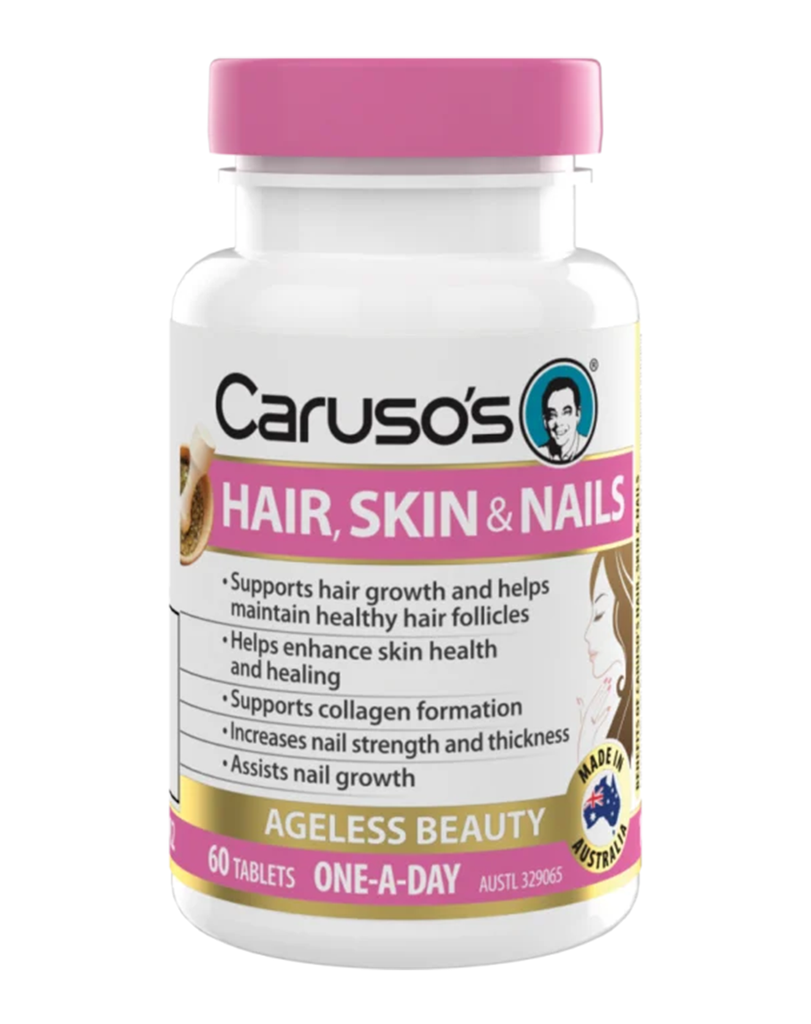 Caruso’s Hair, Skin & Nails tablets, white bottle with pink lid, 60 one-a-day tablets, ageless beauty formula