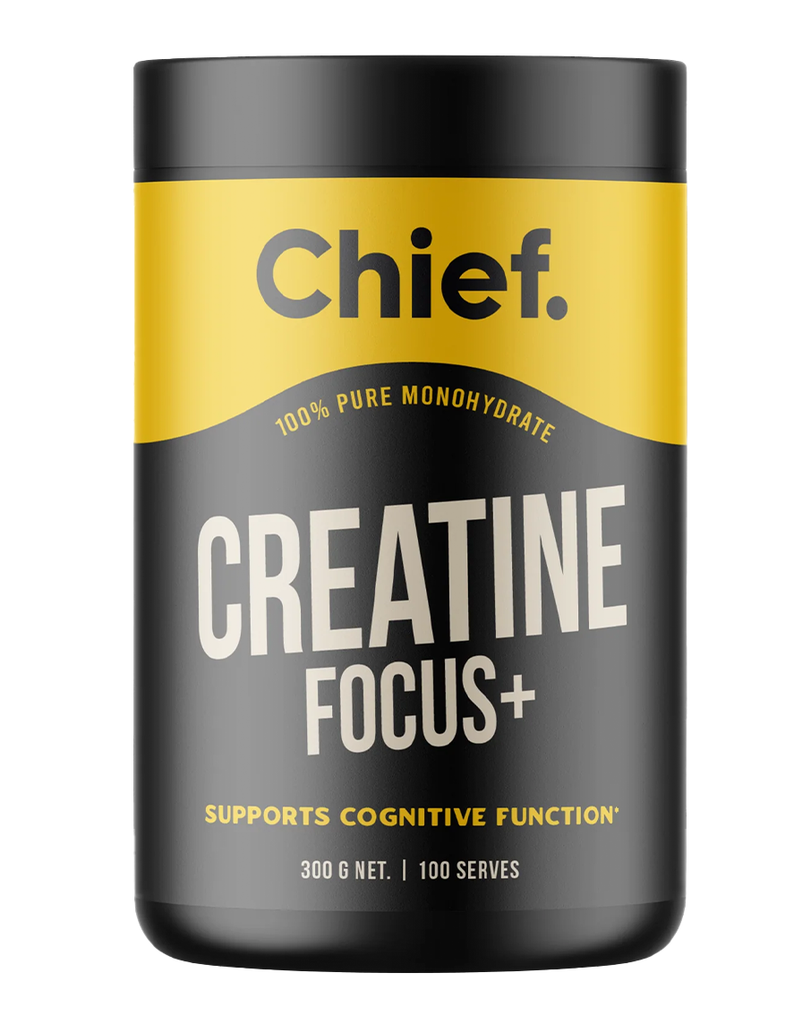 300g Chief Focus+ creatine monohydrate powder in black container with bold yellow branding