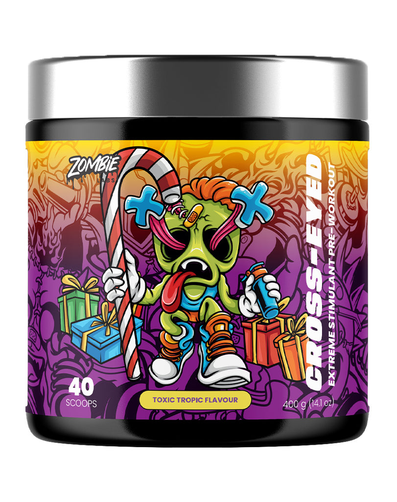 Toxic Tropic stimulant pre-workout by Zombie Labs, 400g black container with vivid artwork and gifts