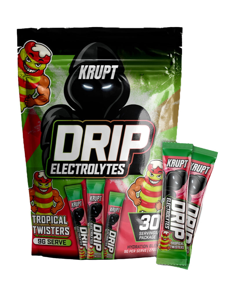 Tropical Twisters Krupt Drip electrolytes in 270g bag, includes sachets, 9g per serve