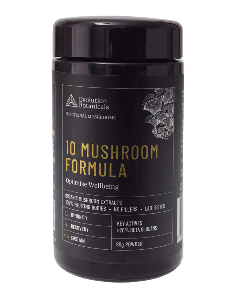 Evolution Botanicals 10 Mushroom Formula, 90g functional mushroom powder in a black tub with gold label