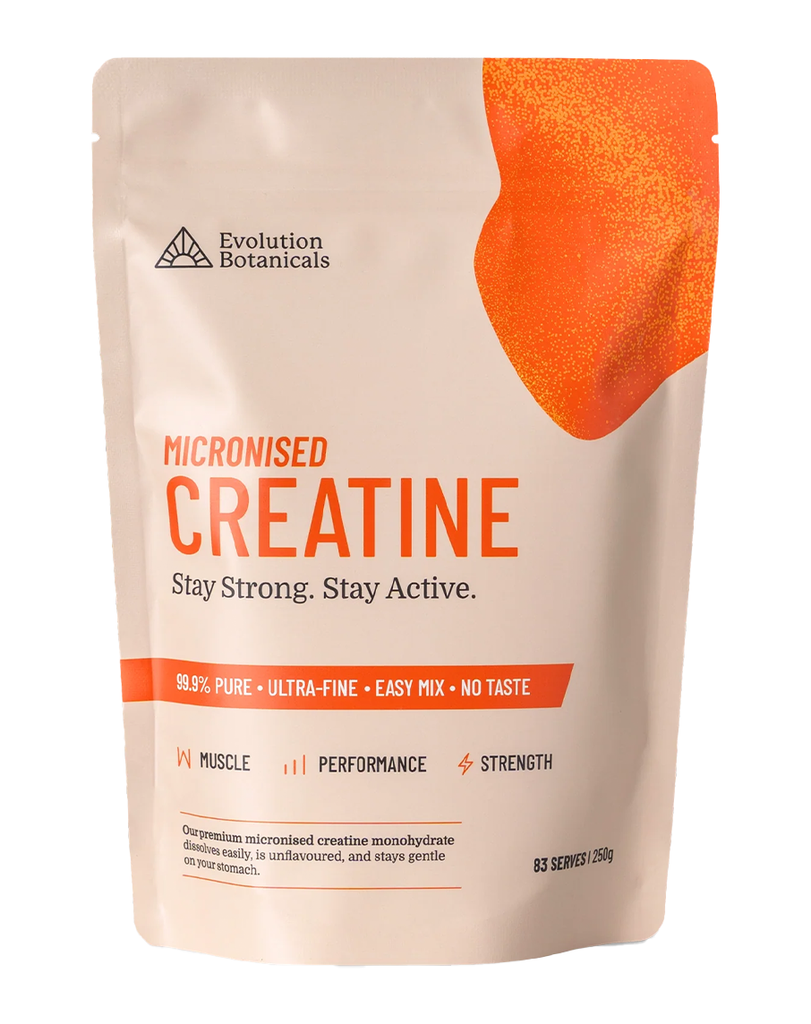 Evolution Botanicals creatine monohydrate 250g stand-up pouch with orange performance label design