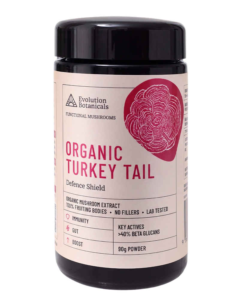 90g Evolution Botanicals Turkey Tail functional mushroom powder, black jar with organic extract and immunity label