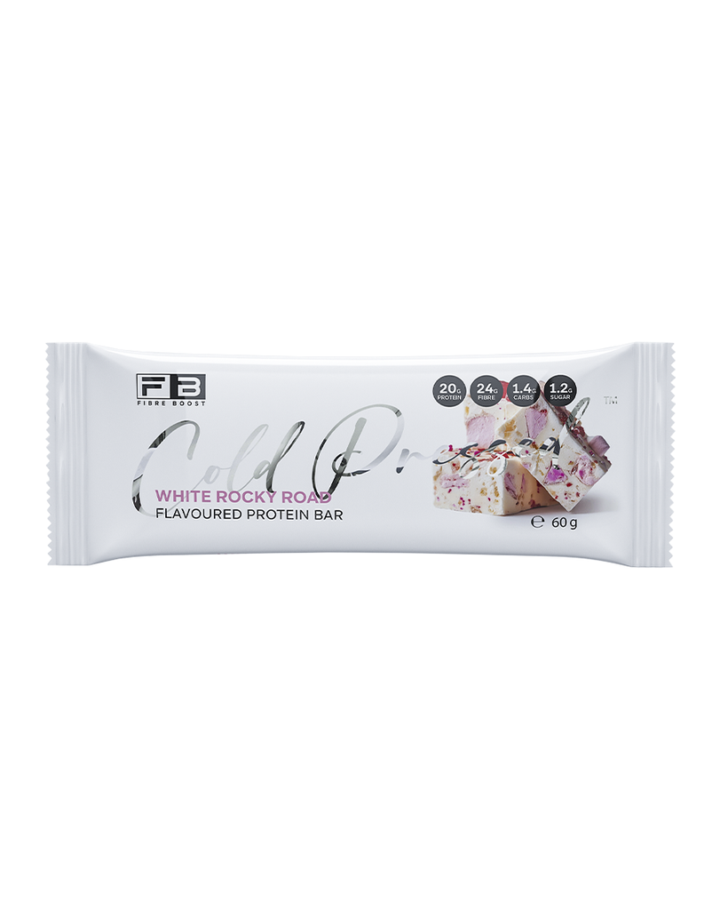 Cold Rock white rocky road flavoured protein bar in 60g wrapper with fibre boost branding