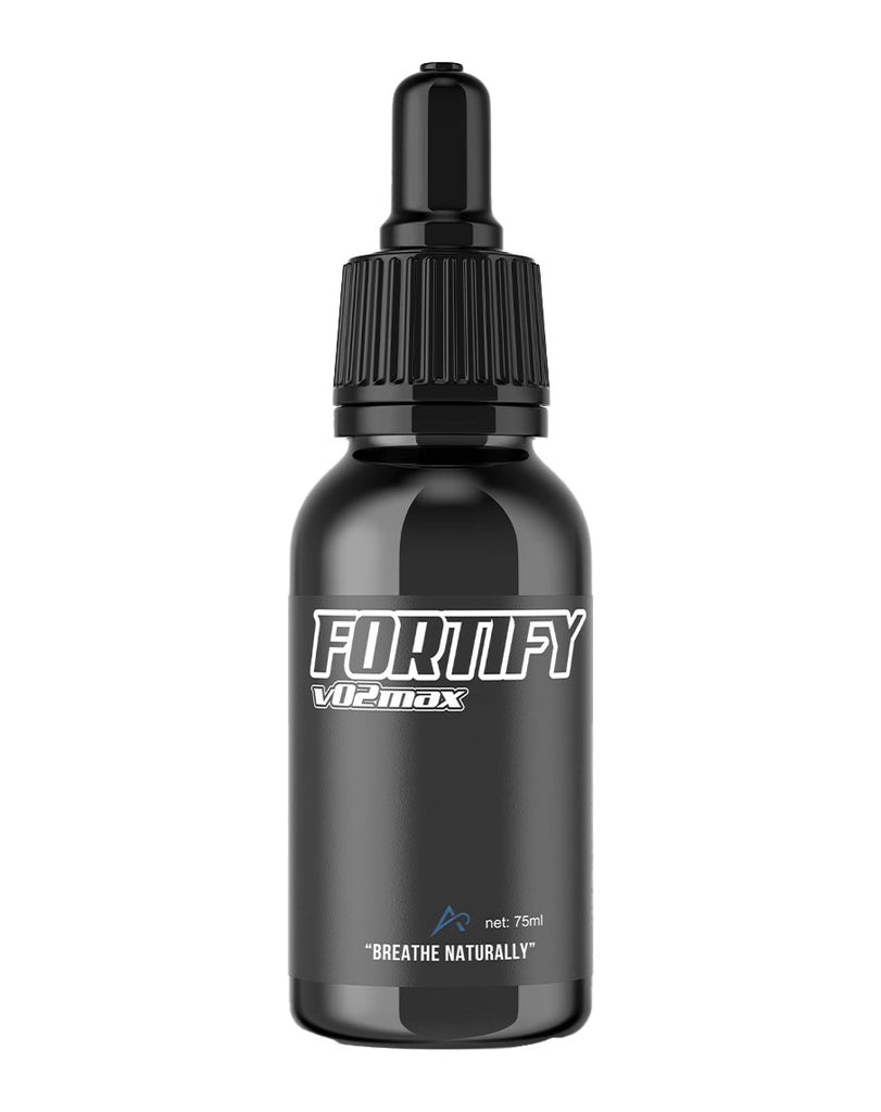 75ml Fortify VO2 Max supplement in sleek black bottle, “Breathe Naturally” slogan on label