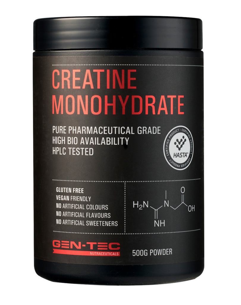 Gen-Tec Nutraceuticals creatine monohydrate powder, 500g black container with HASTA certified logo