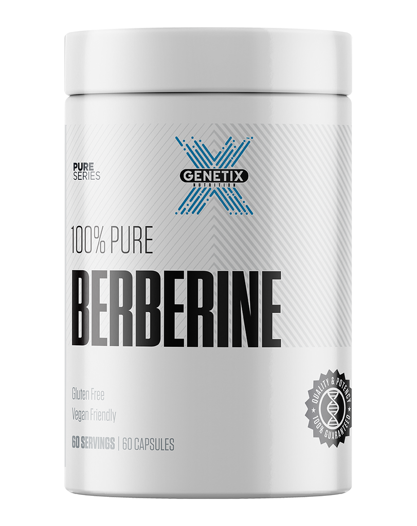 Genetix Pure Series Berberine supplement, 60 capsules in white container with gluten free label