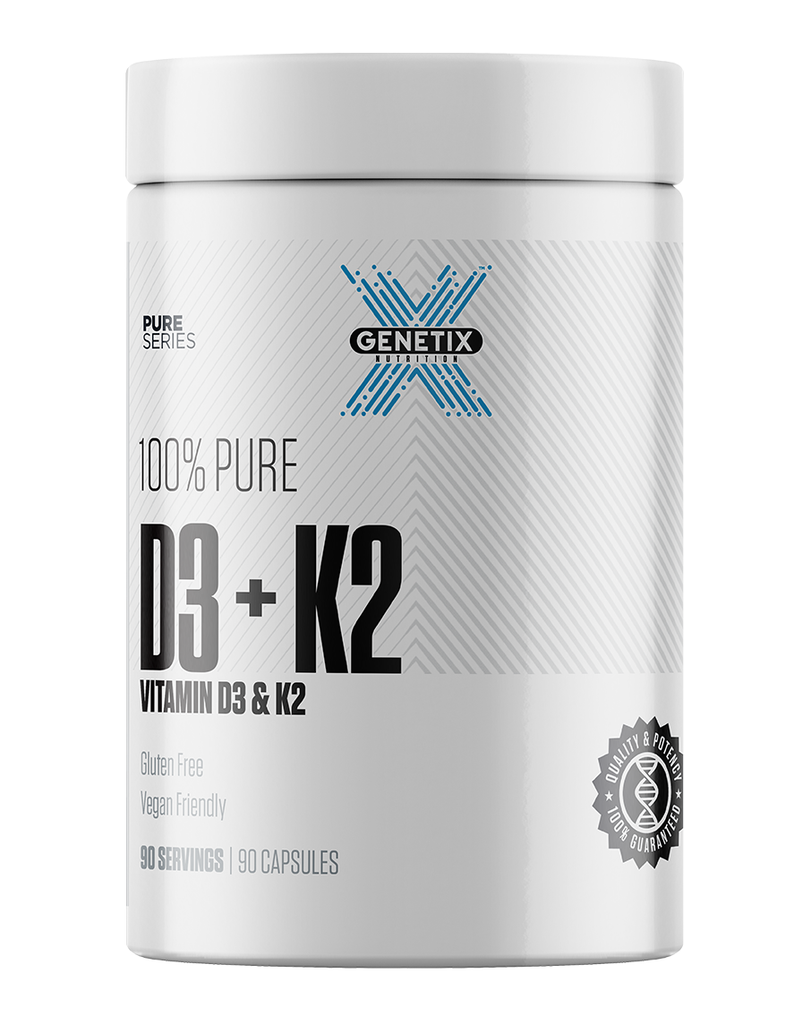 Genetix D3 and K2 supplement capsules in white tub – vegan-friendly formula with 90 servings