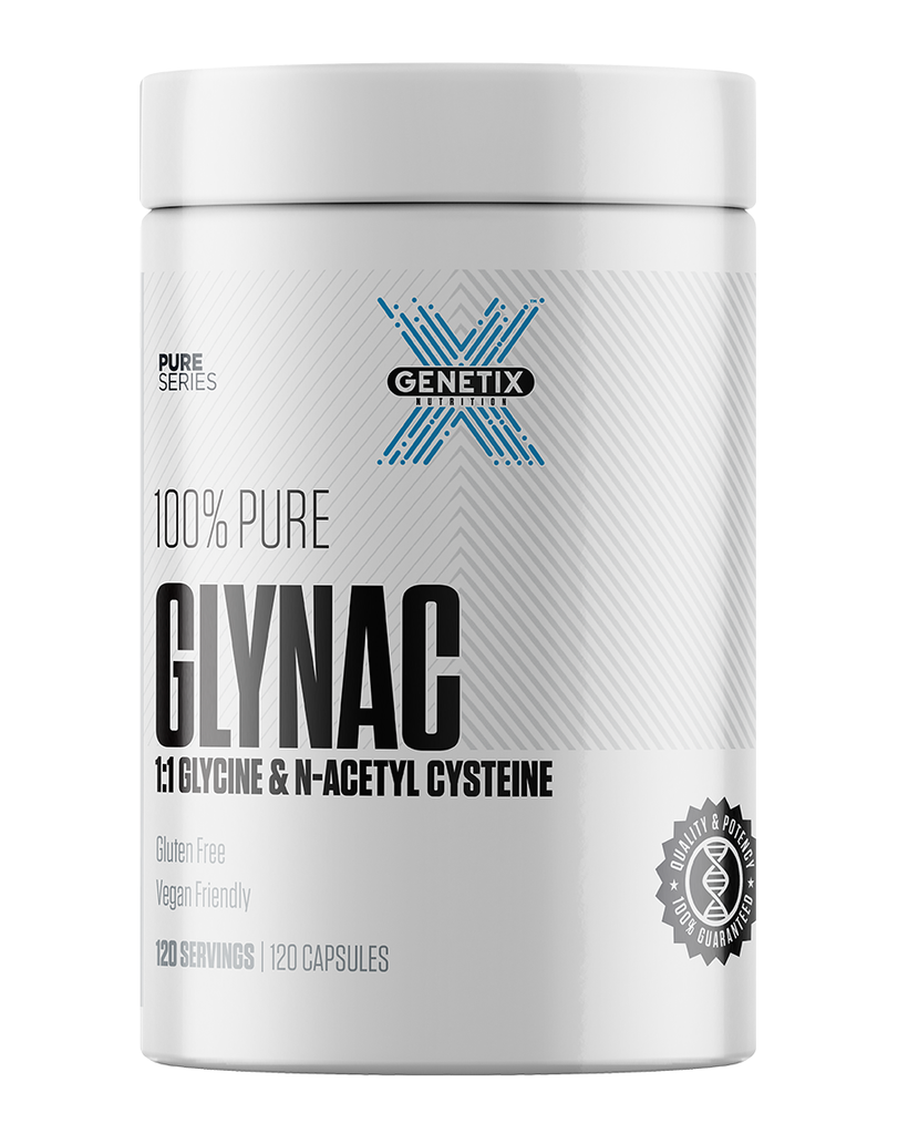 Genetix GLYNAC supplement tub featuring glycine and N-acetyl cysteine blend, 120 capsule container