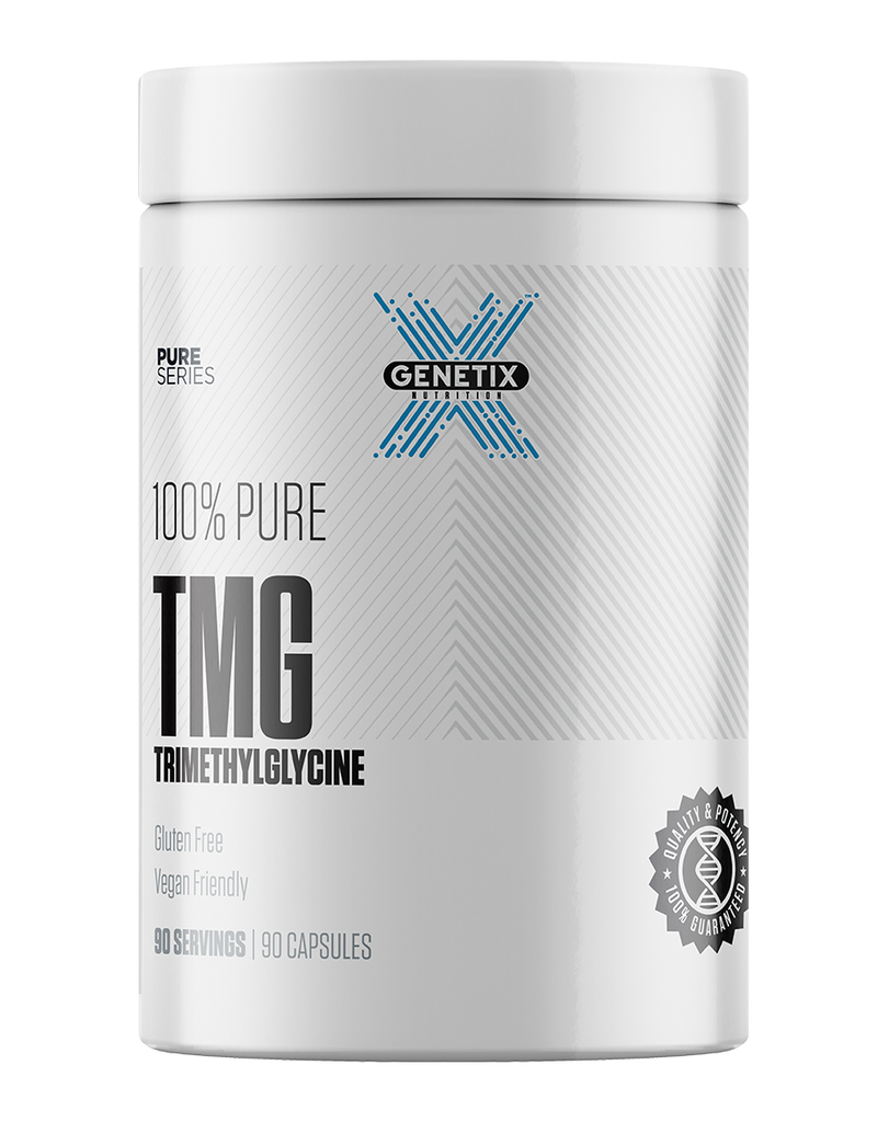 Genetix TMG trimethylglycine supplement, 90 capsule white tub with Pure Series label design