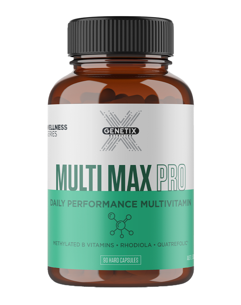 Genetix Multi Max Pro vitamin supplement, 90 hard capsules in amber jar with green branding and black lid
