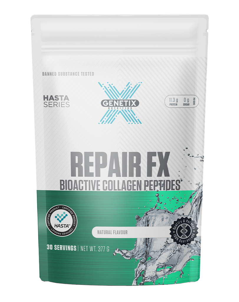 Genetix Repair FX natural collagen supplement in 377g resealable pouch with aqua splash design