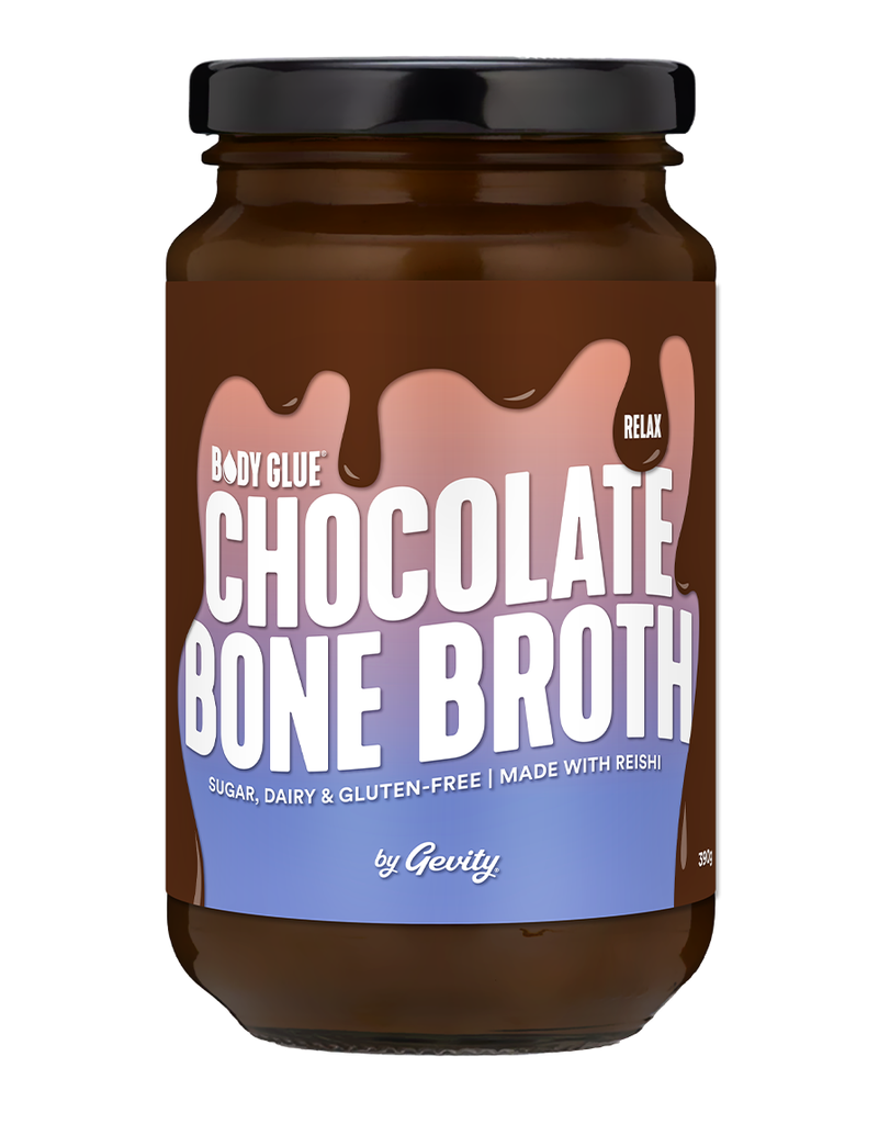 Body Glue Relax Chocolate Bone Broth 390g in amber glass jar with reishi, sugar, dairy and gluten-free label