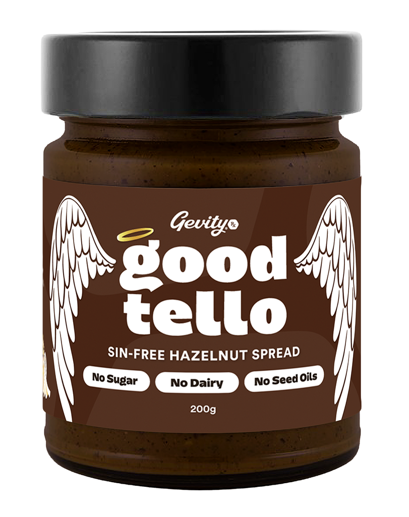 Good Tello hazelnut chocolate spread by Gevirty 200g glass jar with black lid and clean ingredient callouts