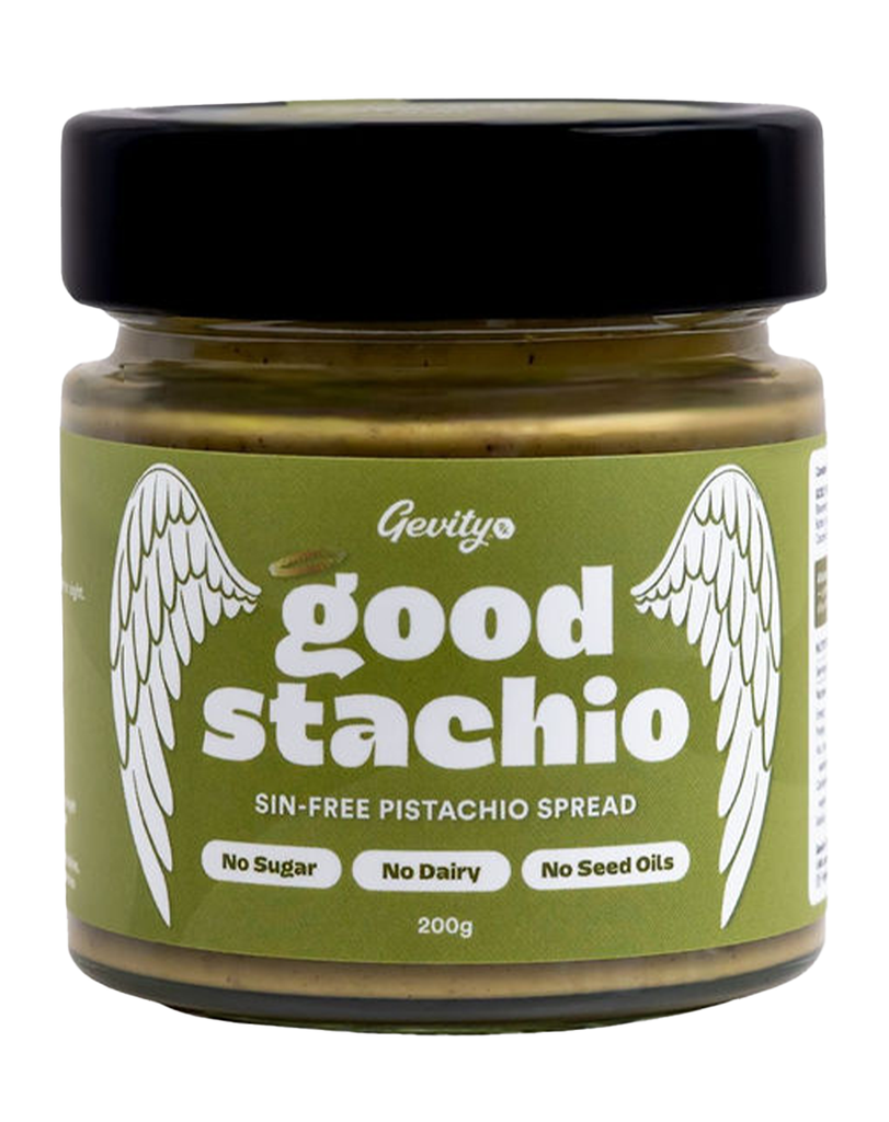 200g jar of Gevityo pistachio spread, green label reads “Good Stachio”, no sugar, dairy or seed oils