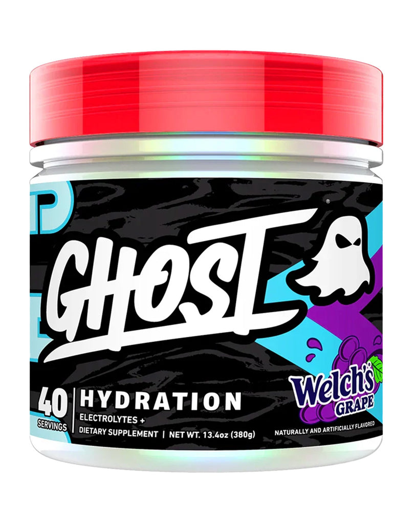 GHOST Hydration electrolyte powder Welch's Grape 380g tub, 40 servings with black label and red lid