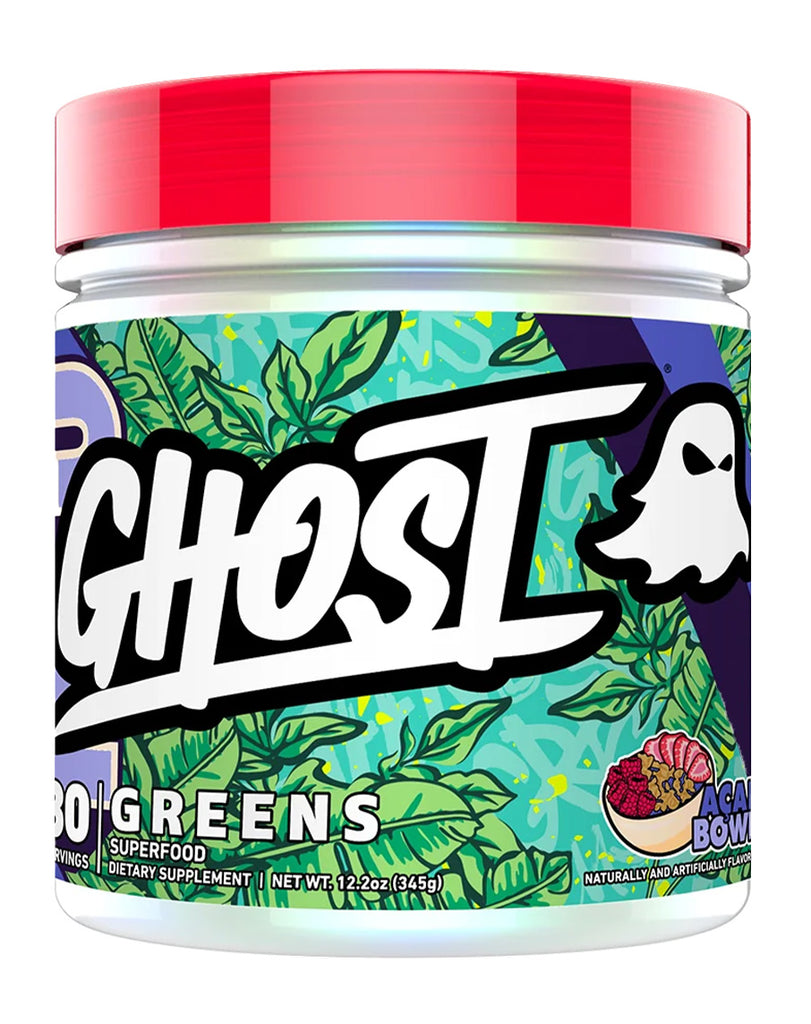 Ghost Greens superfood powder in Acai Bowl flavour, 345g tub with vibrant leaf design and red lid