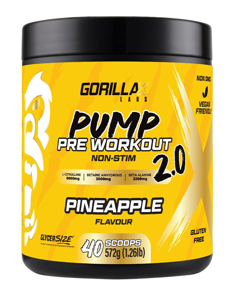 572g Gorilla X Labs Pump 2.0 pre-workout in pineapple flavour, vegan-friendly and gluten-free