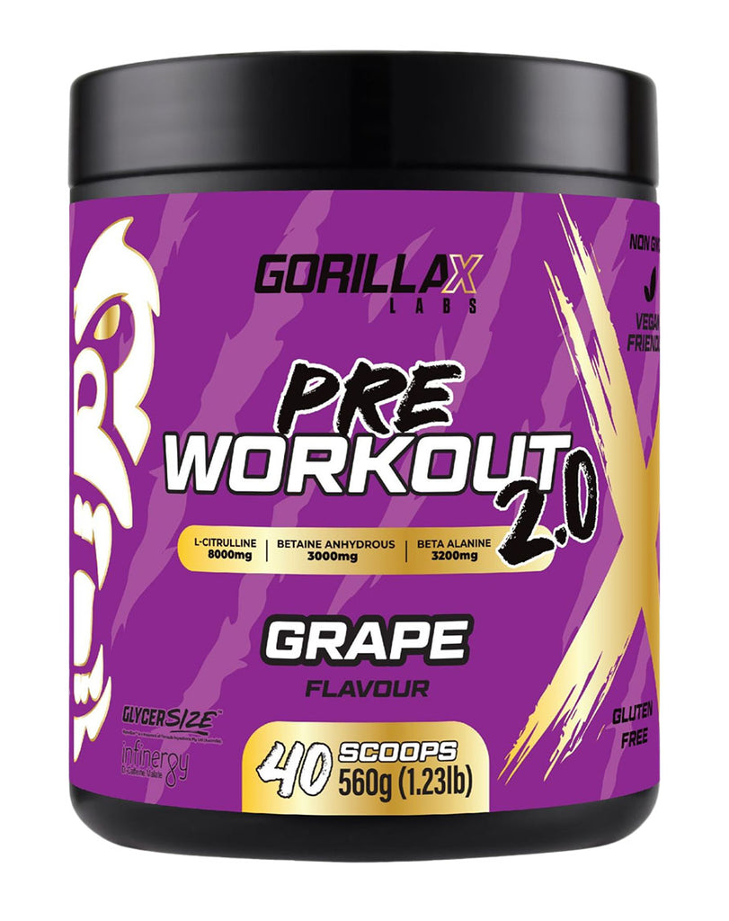 Grape-flavoured GorillaX Labs pre-workout powder, 560g black container with yellow highlights