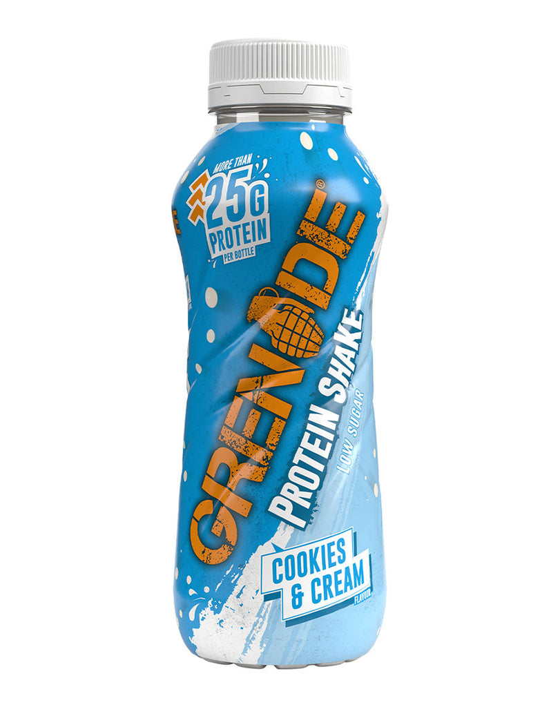 Low sugar Grenade cookies & cream protein drink, blue bottle featuring 25g protein claim and grenade emblem