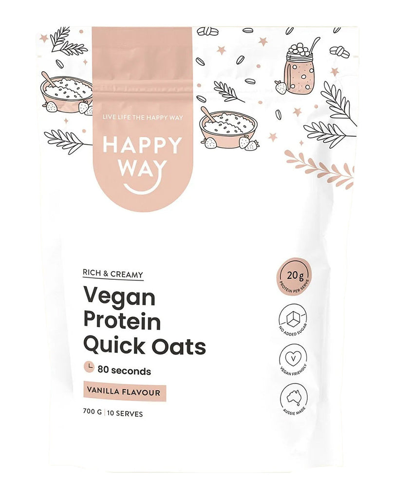 Happy Way vanilla vegan protein oats – 700g pouch with 20g protein per serve and soft pink label