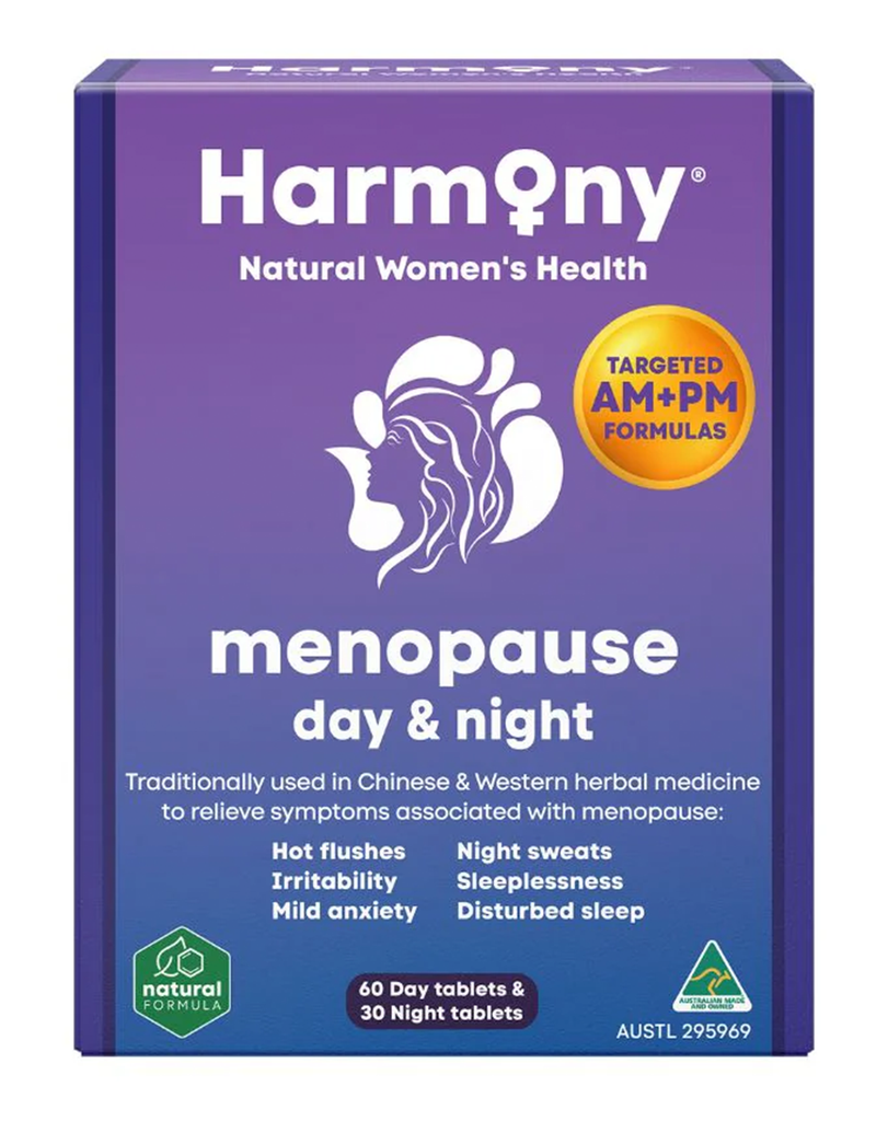 Harmony Menopause Day & Night tablets, women’s health supplement with AM+PM formulas in purple box packaging