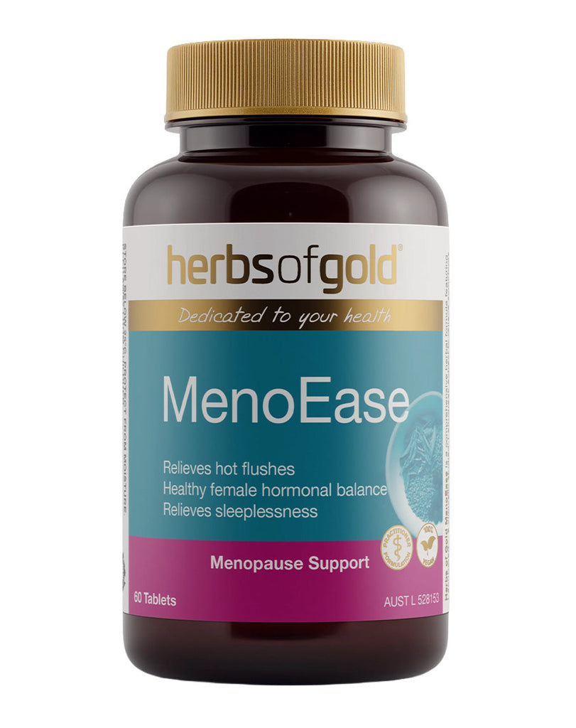 MenoEase by Herbs of Gold, 60-tablet women’s menopause support formula in brown bottle with gold cap