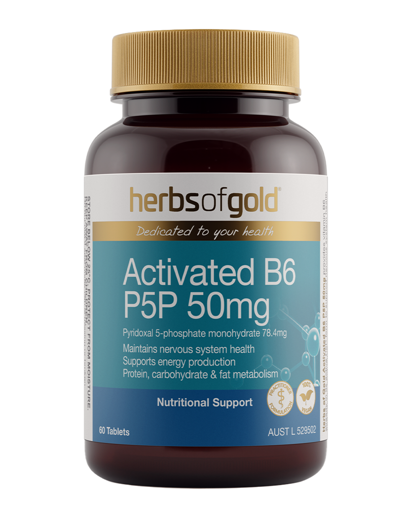 Herbs of Gold Activated B6 50mg P5P, 60 vegan tablets for nervous system health and energy production in a brown bottle