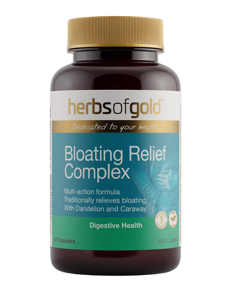Bloating Relief Complex by Herbs of Gold, 60-capsule digestive health supplement in brown bottle