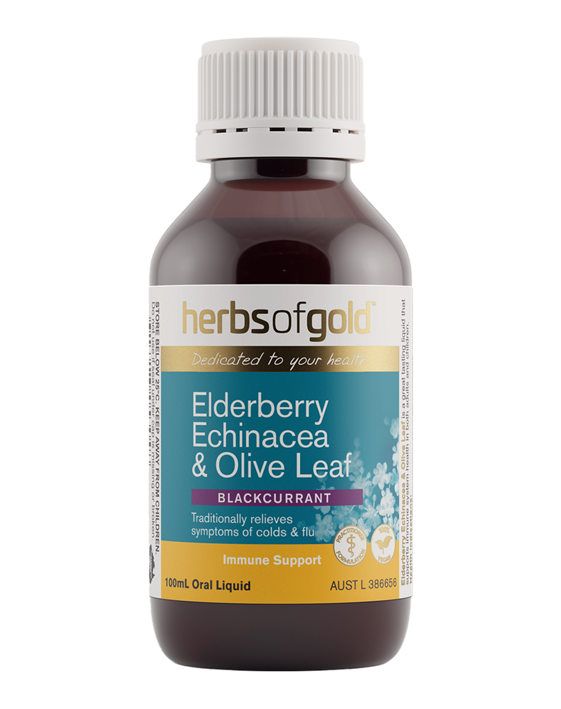 Elderberry Echinacea & Olive Leaf by Herbs of Gold, blackcurrant flavoured 100mL liquid immune health formula