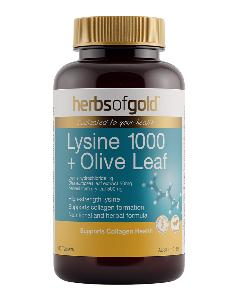 Lysine 1000 + Olive Leaf by Herbs of Gold, 100 tablet bottle with olive leaf extract and collagen support