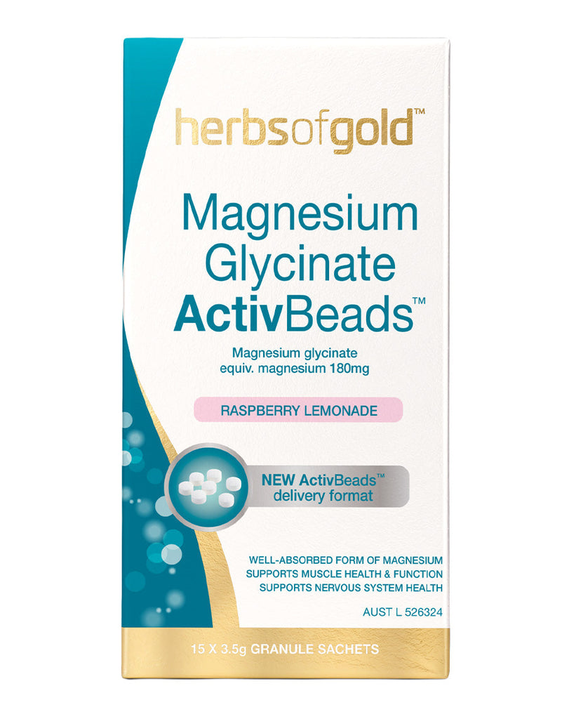 Herbs of Gold Magnesium Glycinate ActivBeads raspberry lemonade, 15 x 3.5g granule sachets