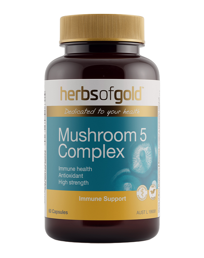 Mushroom 5 Complex by Herbs of Gold, 60 capsule bottle with immune support and antioxidant mushroom formula