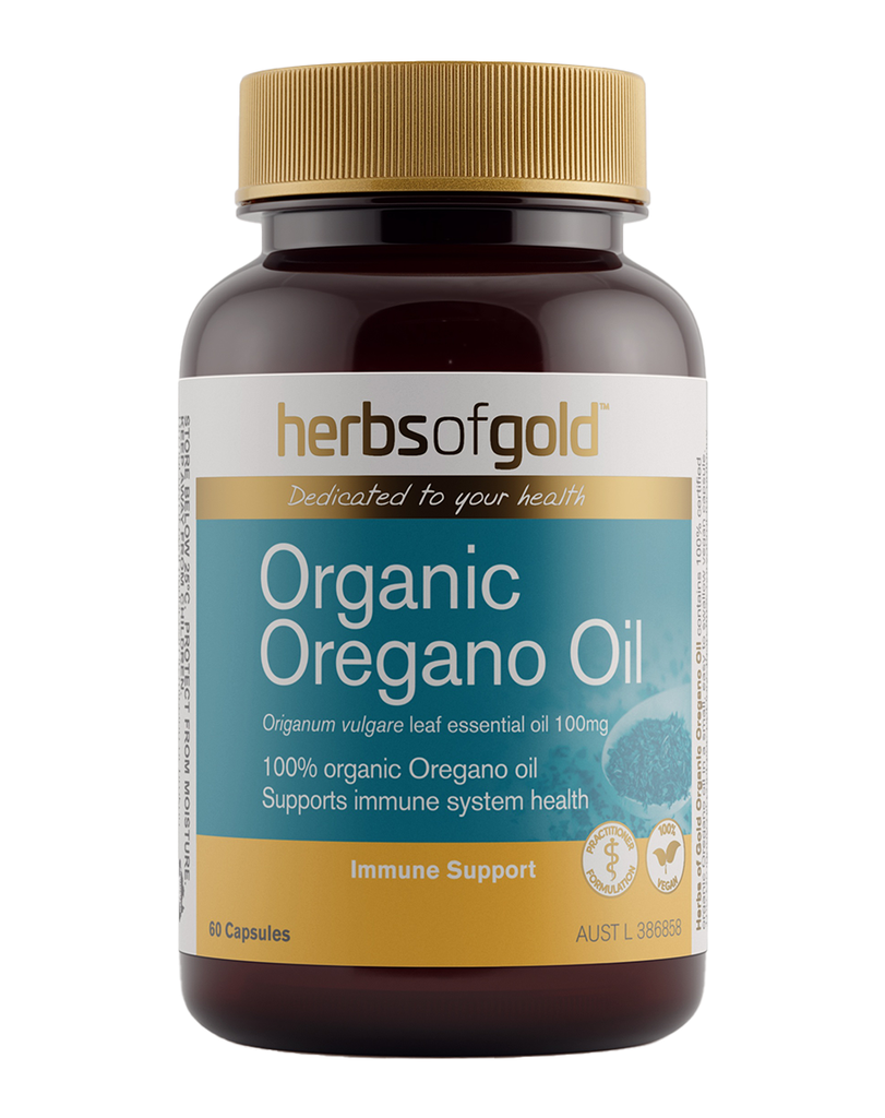 Organic Oregano Oil by Herbs of Gold, 60 capsule bottle with Origanum vulgare leaf essential oil 100mg