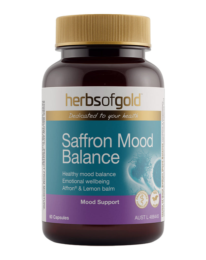 Saffron Mood Balance supplement by Herbs of Gold in brown bottle, 60 capsule pack with purple wellness label
