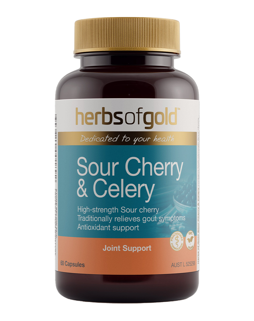 Herbs of Gold Sour Cherry & Celery 60 capsules, vegan joint health supplement with teal and orange label