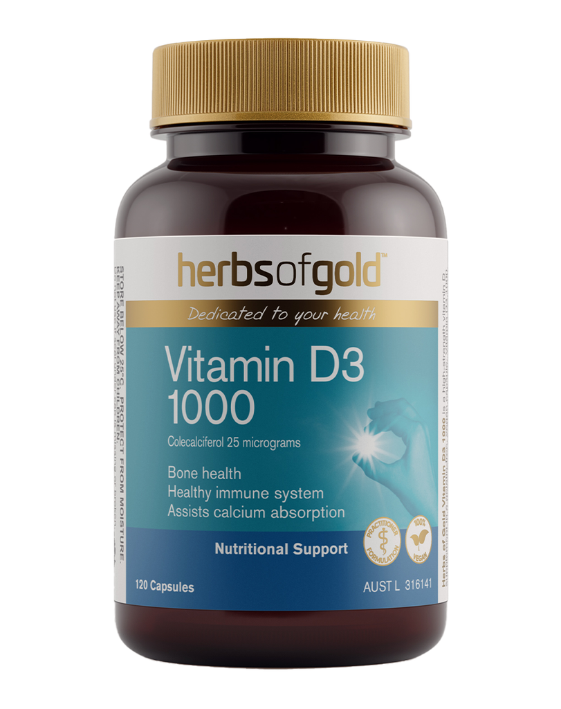 Vitamin D3 1000 by Herbs of Gold, 120 capsule bottle with colecalciferol for calcium absorption and wellness