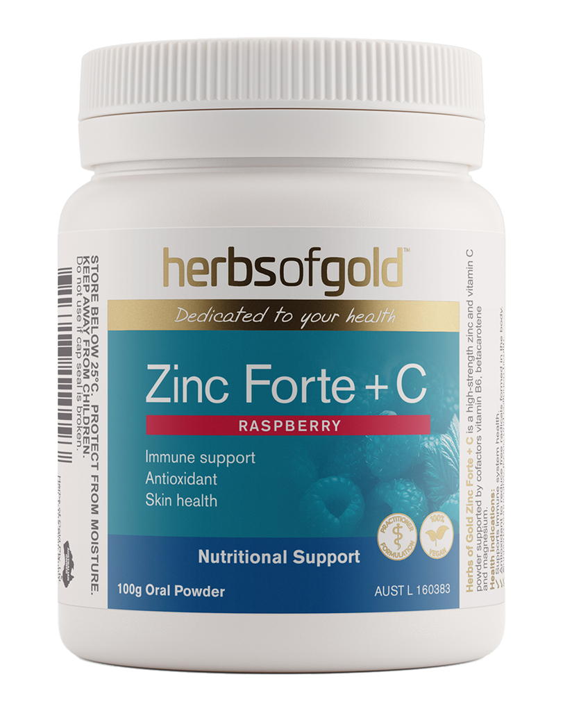 Zinc Forte + C Raspberry by Herbs of Gold, 100g powder with zinc, vitamin C and antioxidant support
