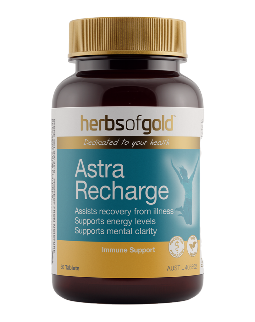 Herbs of Gold Astra Recharge immune support tablets, 30 pack brown bottle with gold lid and teal label