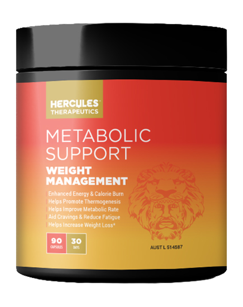 Weight management supplement by Hercules Therapeutics, 90 capsules in a black container with gradient label